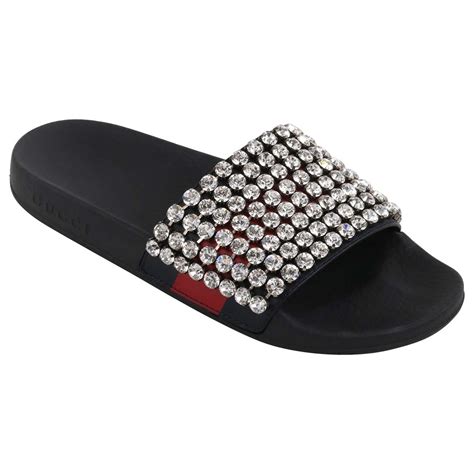 gucci leather slide sandals|Gucci crystal embellished sandals.